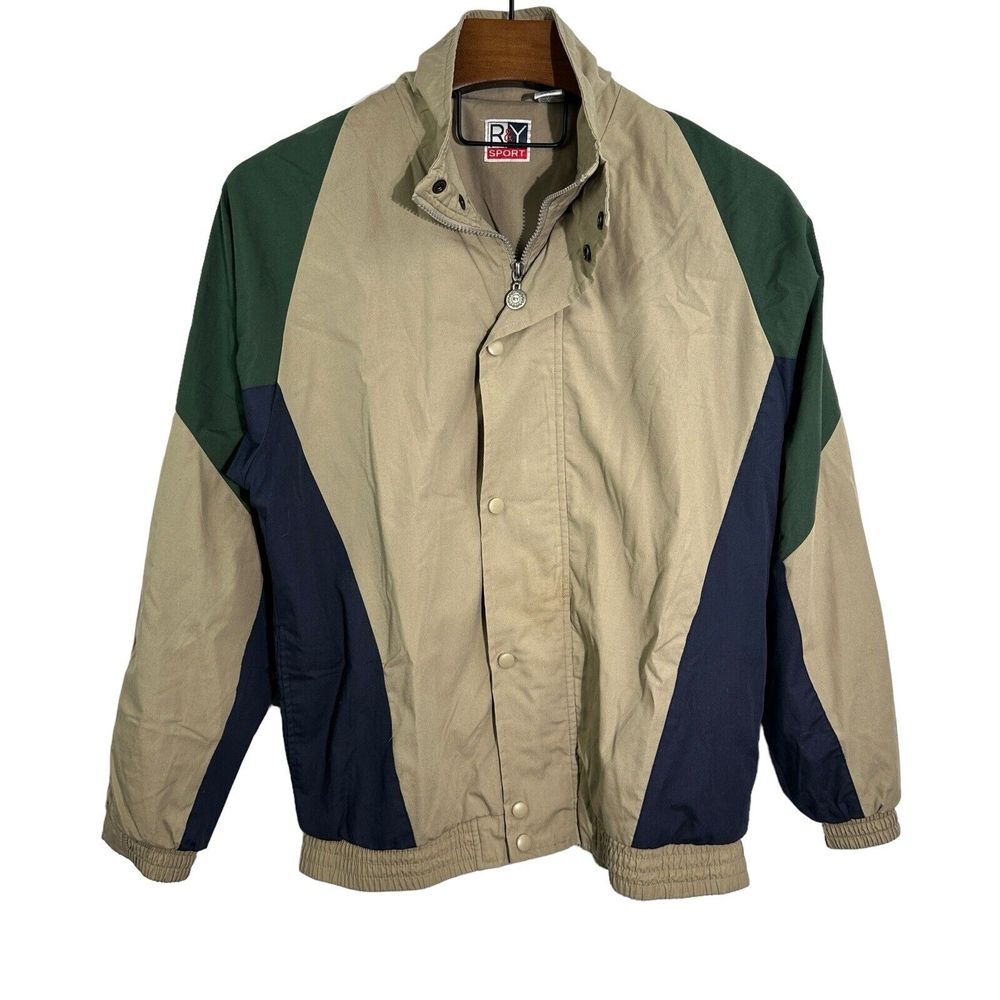 R&Y Sport Vintage Colorblock Tan Blue Green Full Zip Lined Windbreaker Jacket 8